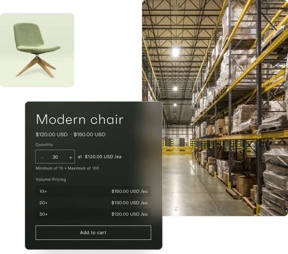 Shopify native B2B product page with a minimum of 10 and maximum of 100 units and volume price breaks