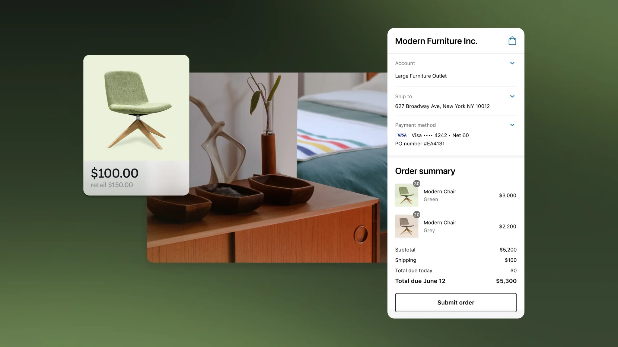 Shopify native B2B order screen with orders listed by company location, order increments of 10 and Net 30 terms