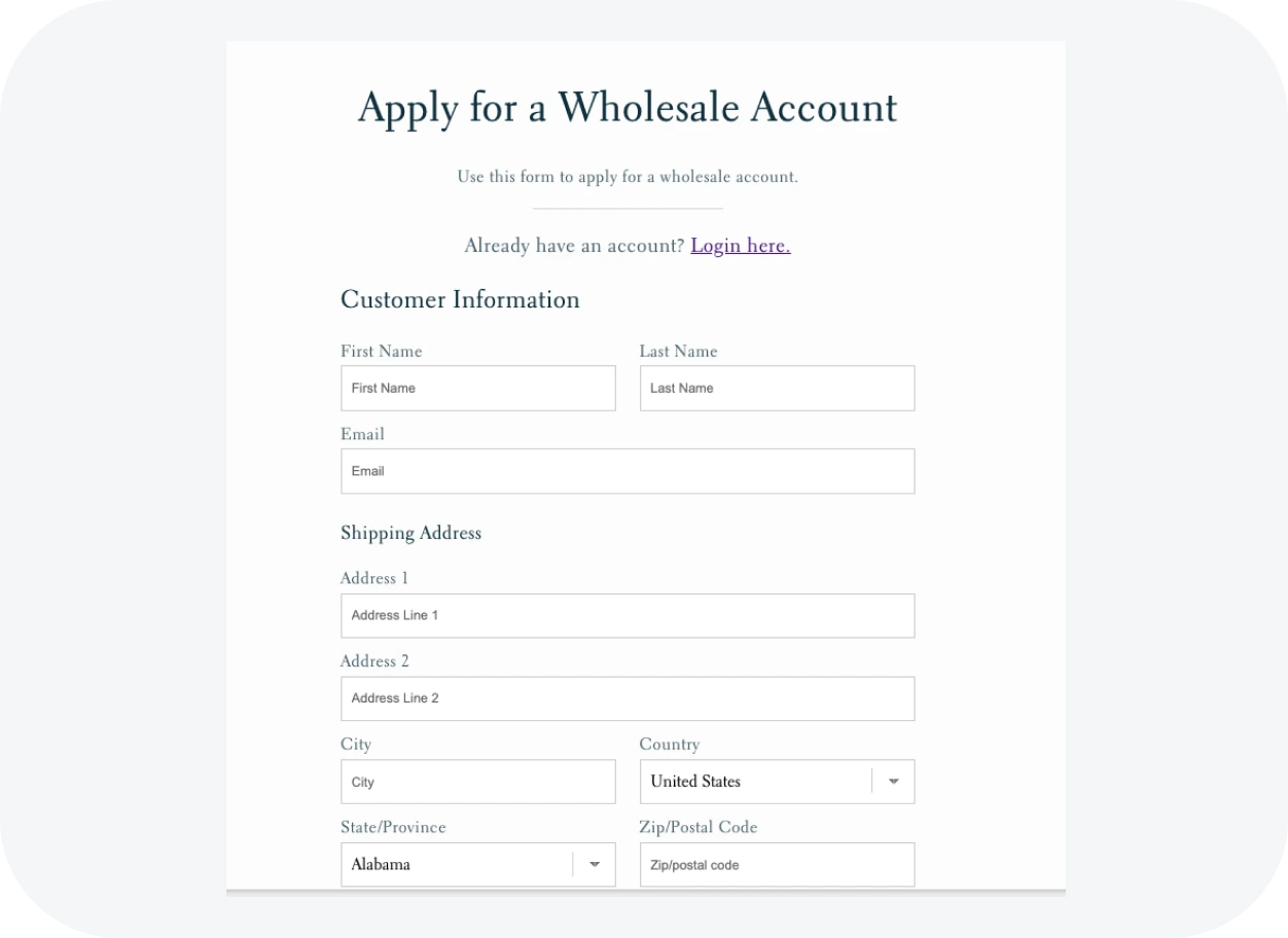 Wholesale Gorilla registration form where buyers apply for a wholesale account