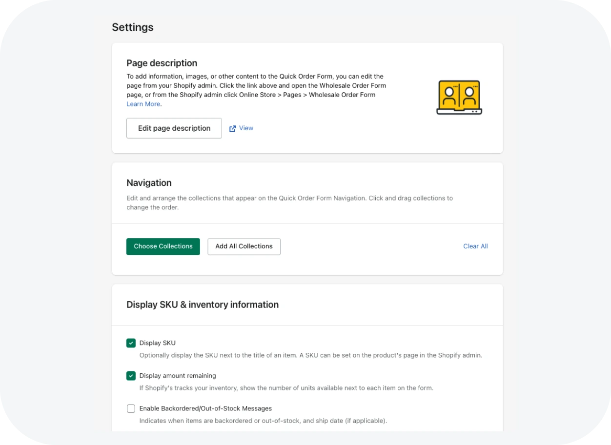 Wholesale Gorilla quick order form settings with SKU and inventory display options