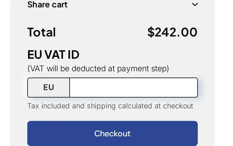 BSS B2B Wholesale Pricing cart with an EU VAT ID field for tax-exempt checkout