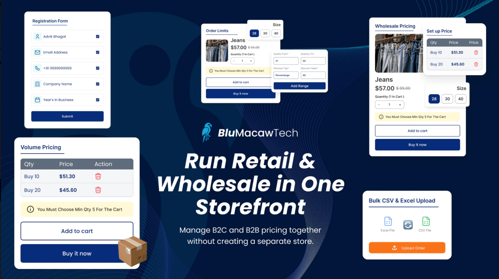 BMT B2B Wholesale Pricing App on Shopify App Store showing tiered pricing, registration forms, and wholesale features