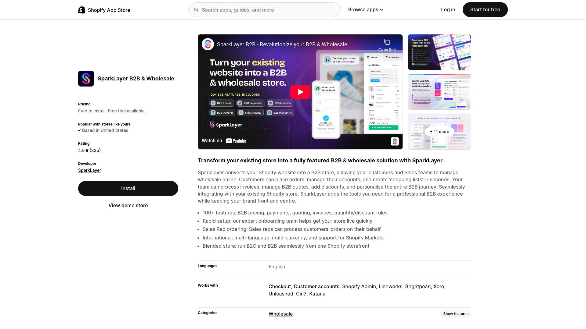 SparkLayer B2B and Wholesale app on Shopify App Store showing B2B storefront and pricing features