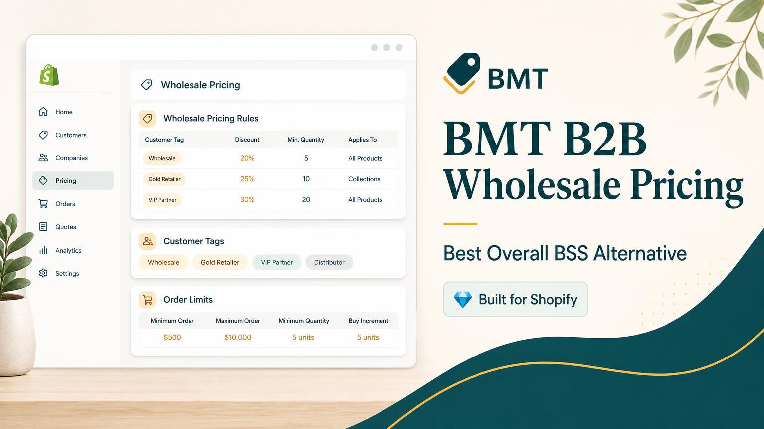 BMT B2B Wholesale Pricing dashboard showing wholesale pricing rules, customer tags, and order limits as the best overall BSS alternative