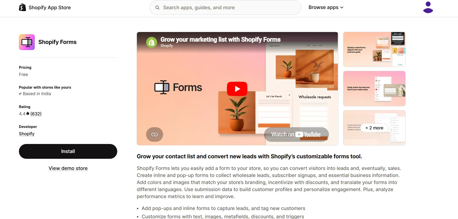 Shopify Forms app listing